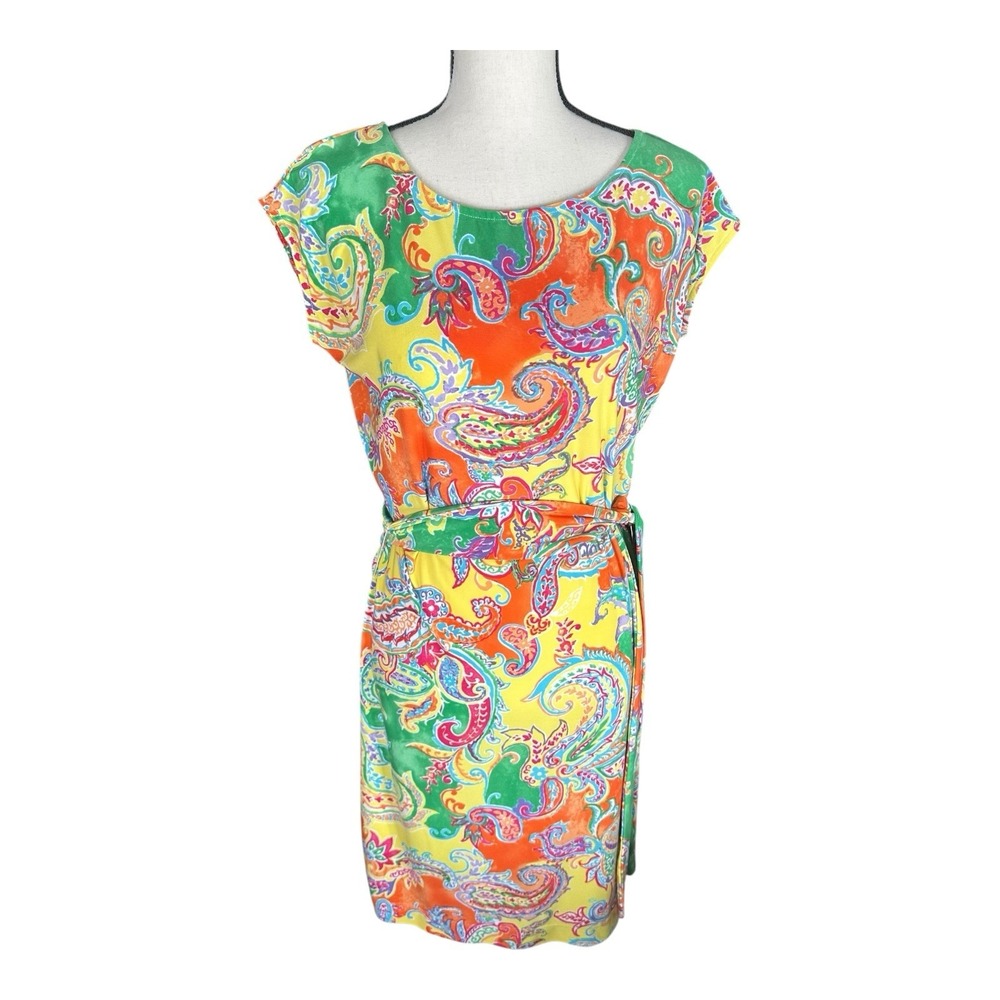 Women's Sz Medium RALPH LAUREN Multicolor‎ Paisley Knit Belted Sheath Dress EUC